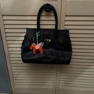 Navy satchel leatherHandbag with Orange Horse Charm